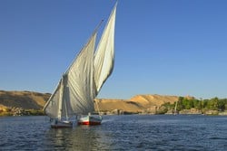 Felucca boat sailing around the Aghakhan, Elphantine Island and the Old Cataract Hotel.