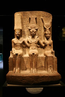 King Ramses II with Amun Ra and Mut, the statue is in Luxor Muesum