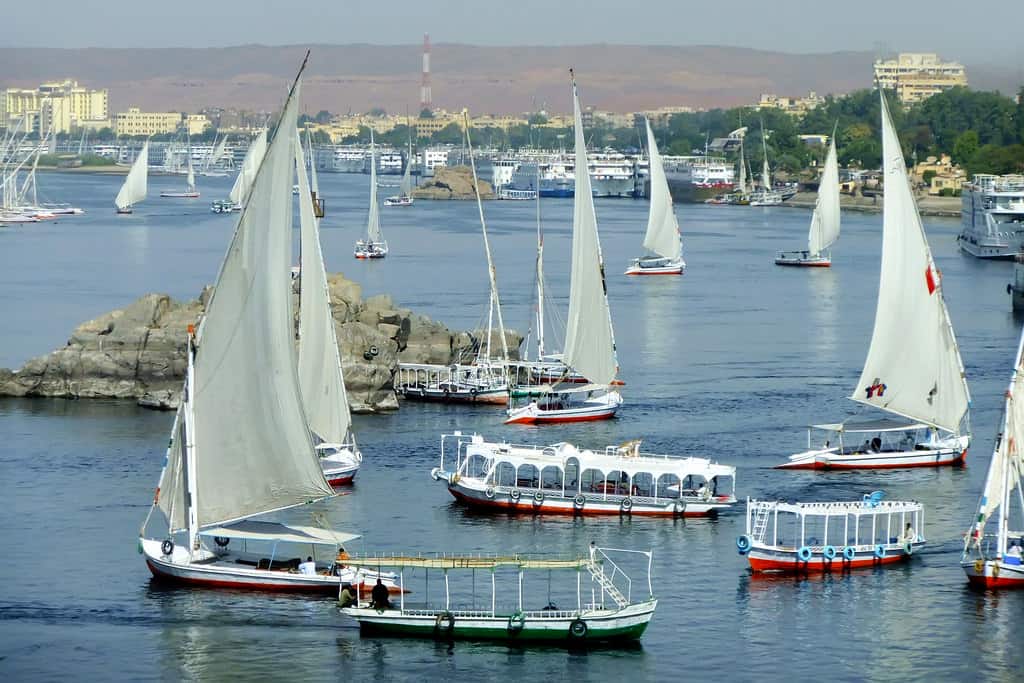 Felucca boats sailing on the Nile river, Aswan