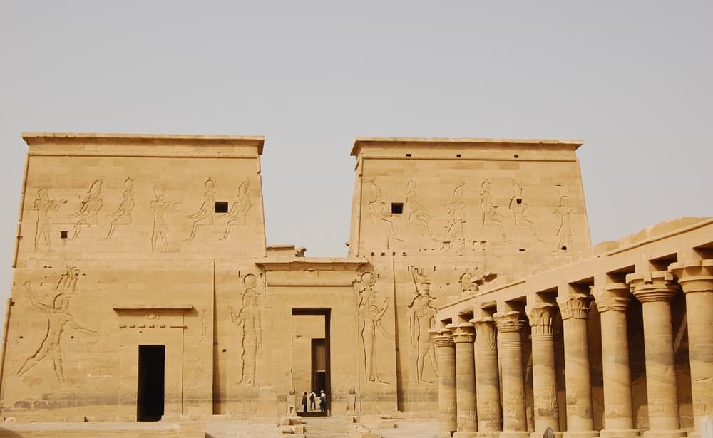 Colonnade and first pylon of the Temple of Isis in Philae, Egypt