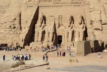 Temple in Abu Simbel and tourists, Egypt