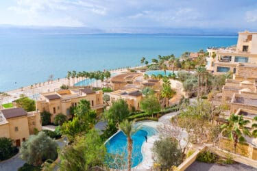 Panorama of resort on Dead Sea coast, Jordan