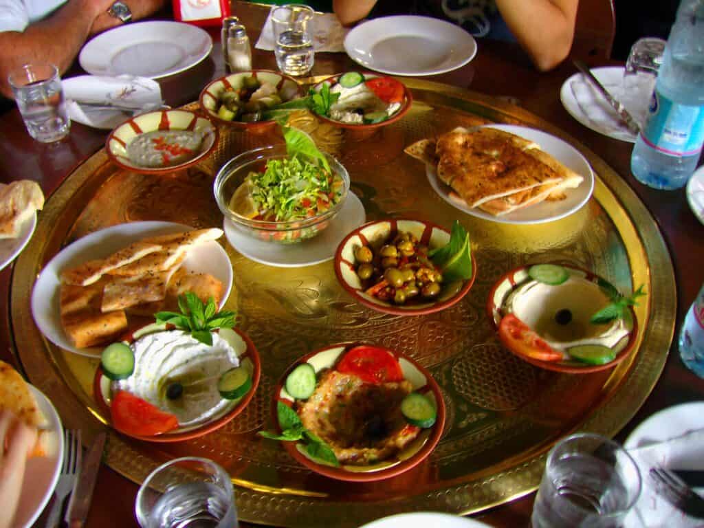 A large plate of Mezes (Metzes) in Petra, Jordan