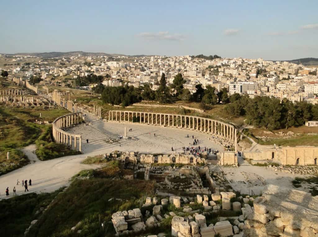 The Greco-Roman city of Gerasa and the modern Jerash in the background