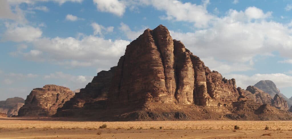 The Seven Pillars of Wisdom rock formation in Wadi Rum, Jordan
