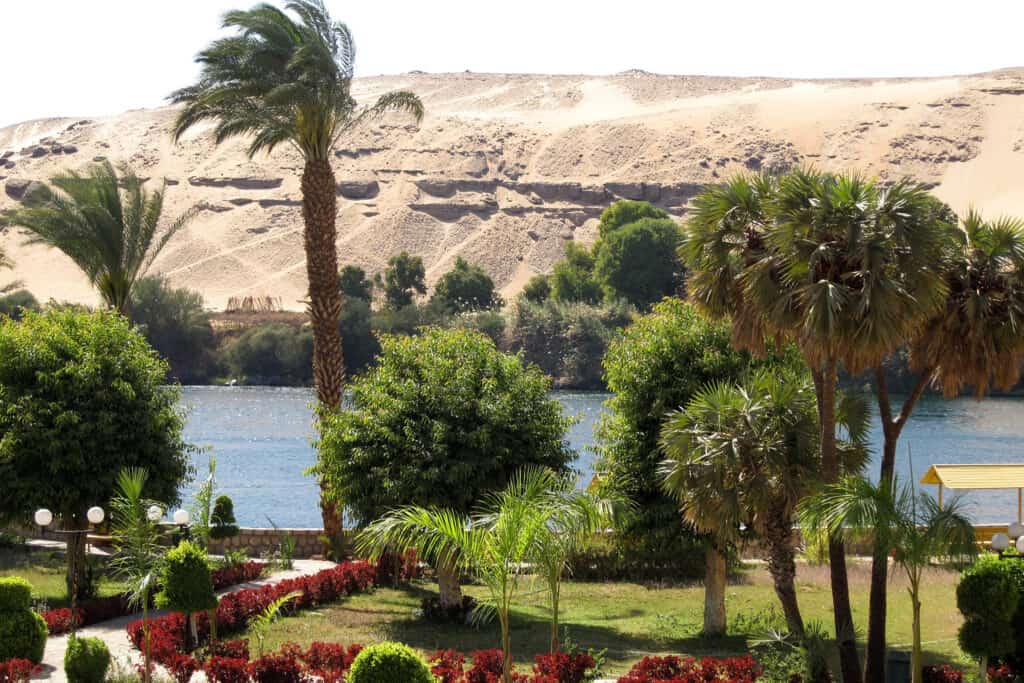 View on El Nabatat Island of the Aswan Botanical Garden and west bank of Nile - Photo by Olaf Tausch